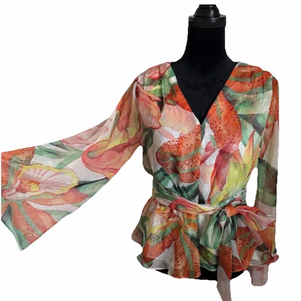 White House Black Market Chiffon Lurex Blouse Womens MP Peplum Jungle Flower